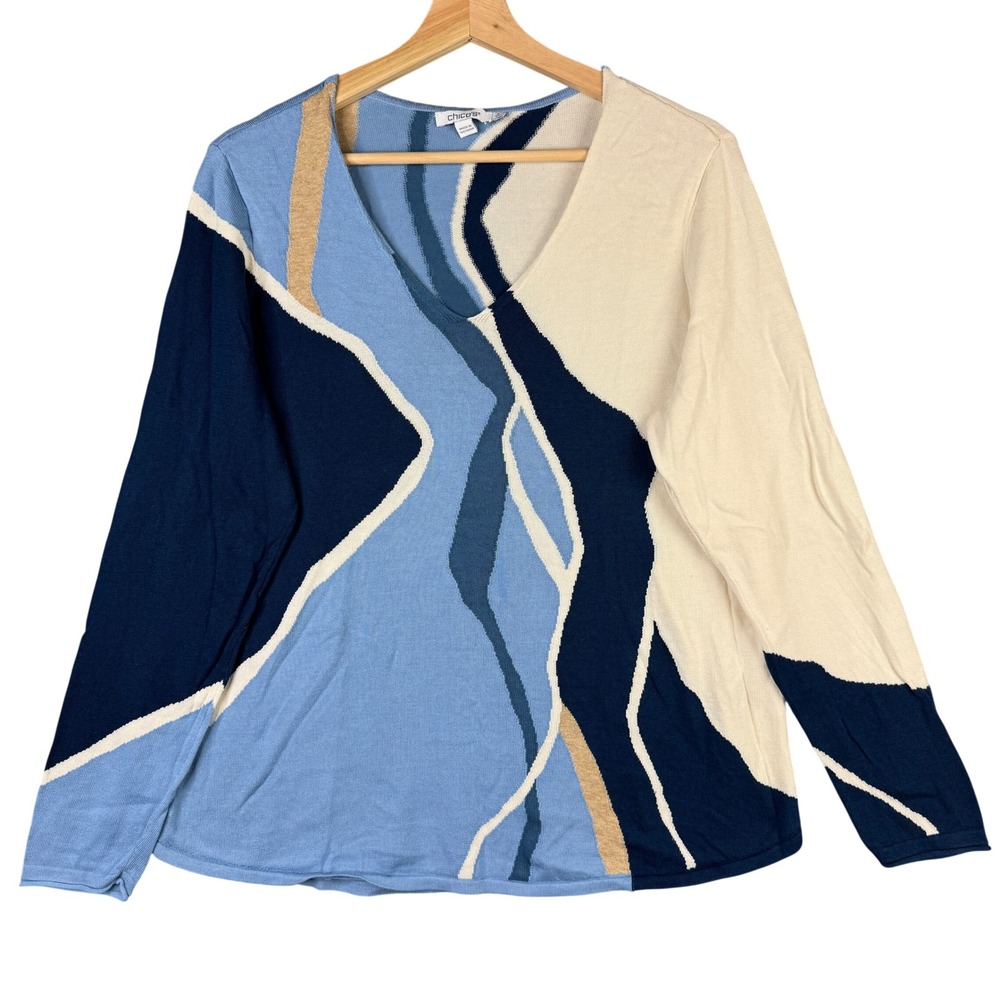 Chicos Abstract Colorblock V-Neck Sweater Blue Navy Cream Cotton Lyocell Size 2